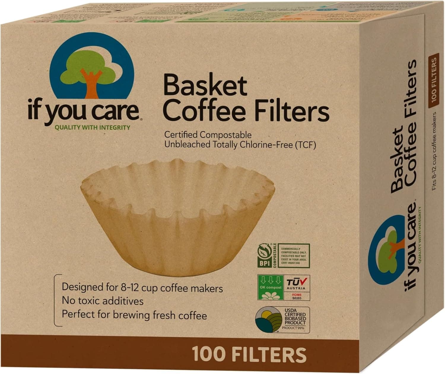 If You Care Unbleached Coffee Filters, Basket Style, 8 Inch, 100 Count