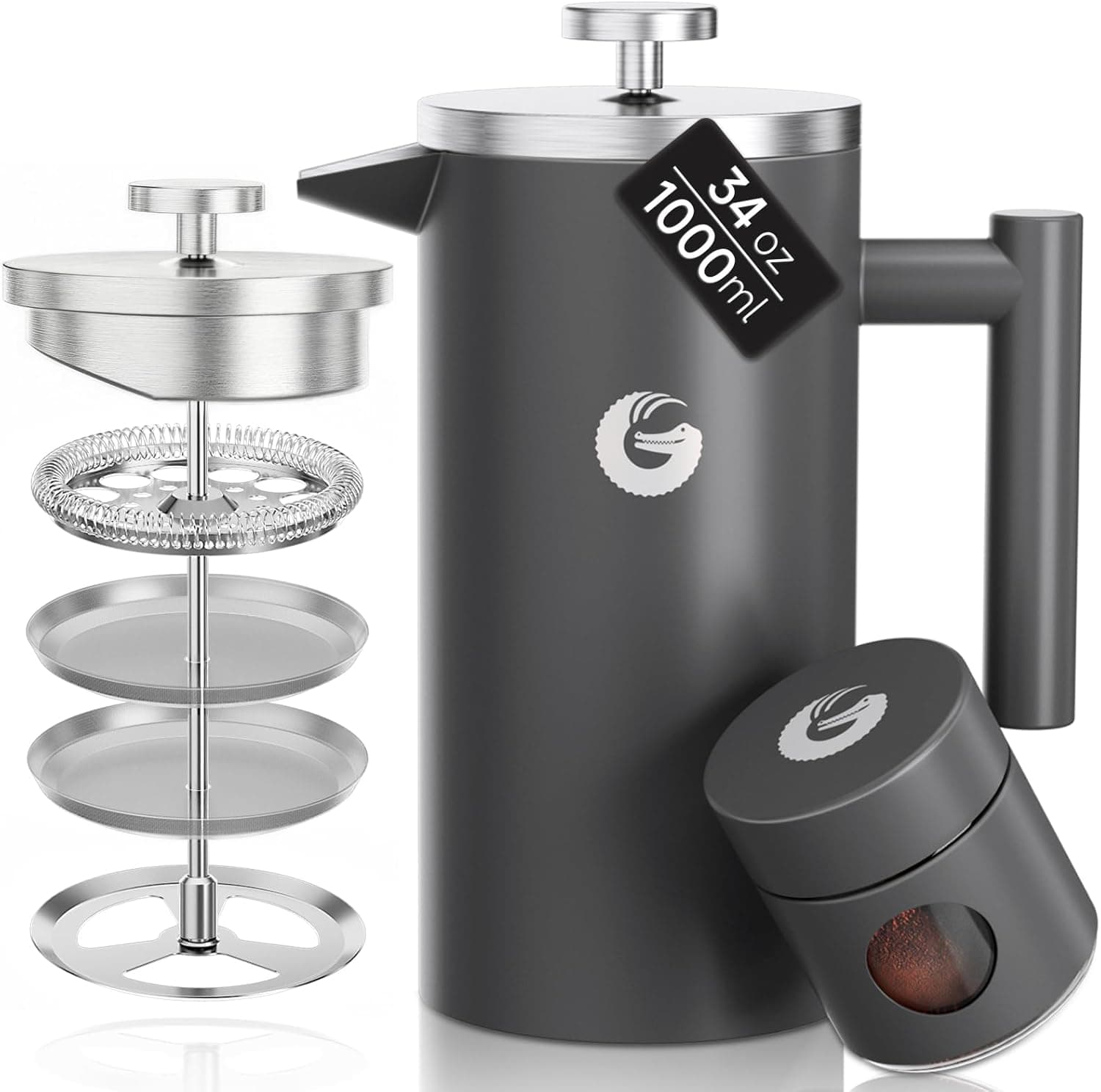 Coffee Gator 304 Stainless Steel French Press, 34oz, Gray