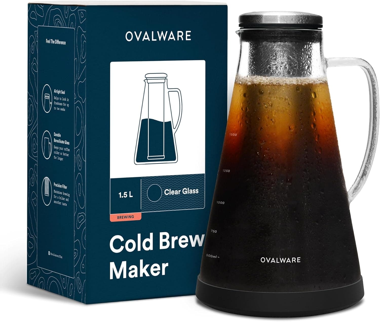 OVALWARE Airtight Cold Brew Iced Coffee Maker, 1.5L/51oz