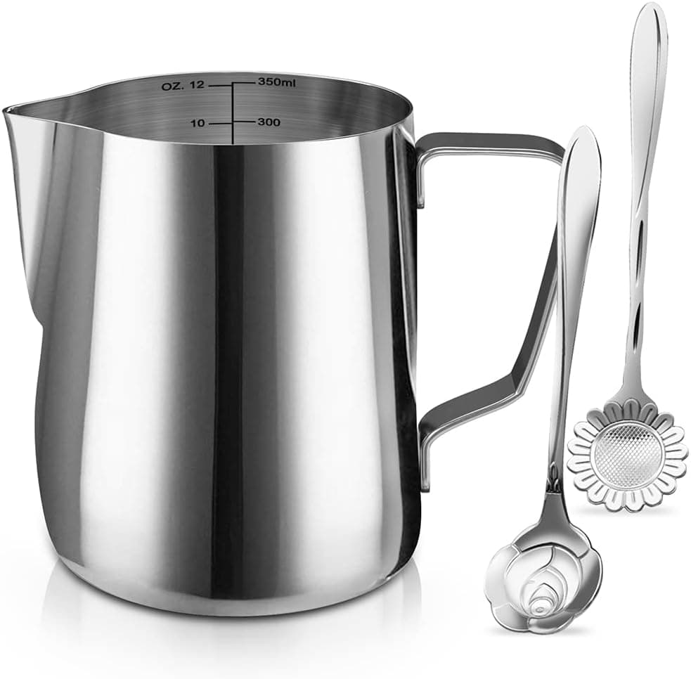 Milk Frothing Pitcher Cup 12oz/350ml with Dessert Spoons