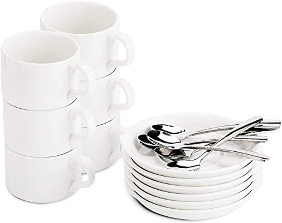 Espresso Cups with Spoons and Saucers, Set of 18 pcs, 5 Ounce White