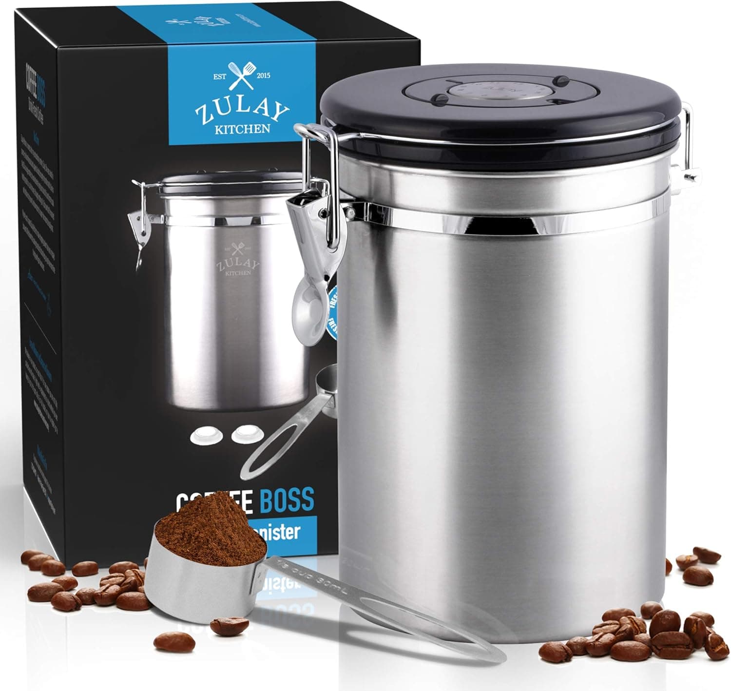Zulay (Large) Airtight Coffee Canister, Stainless Steel with Scoop & CO2 Valve
