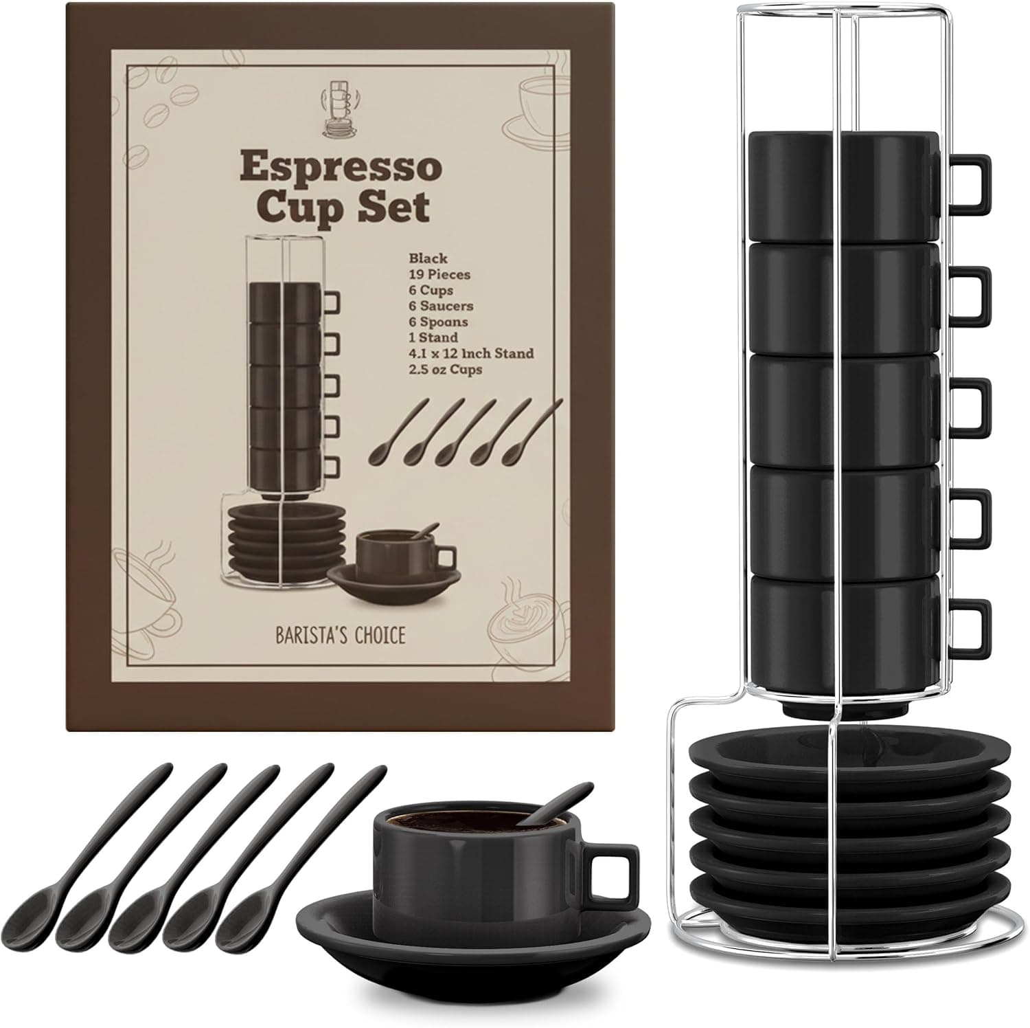 Houseables Espresso Cup Set, Stackable, 19 Pieces, Set of 6, Black