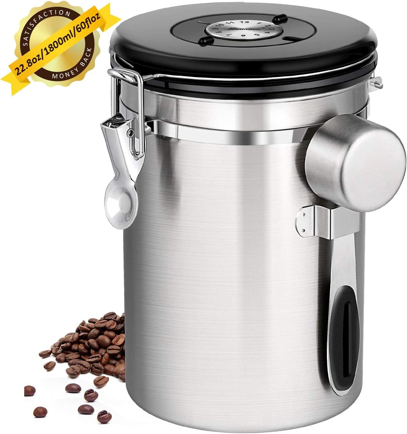 Airtight Coffee Canister, Stainless Steel with Scoop, CO2 Valve & Date Tracker