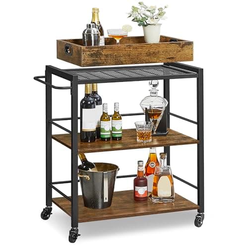 VASAGLE Bar Cart with Wheels, Drink Cart with Wine Rack and Glass Holder