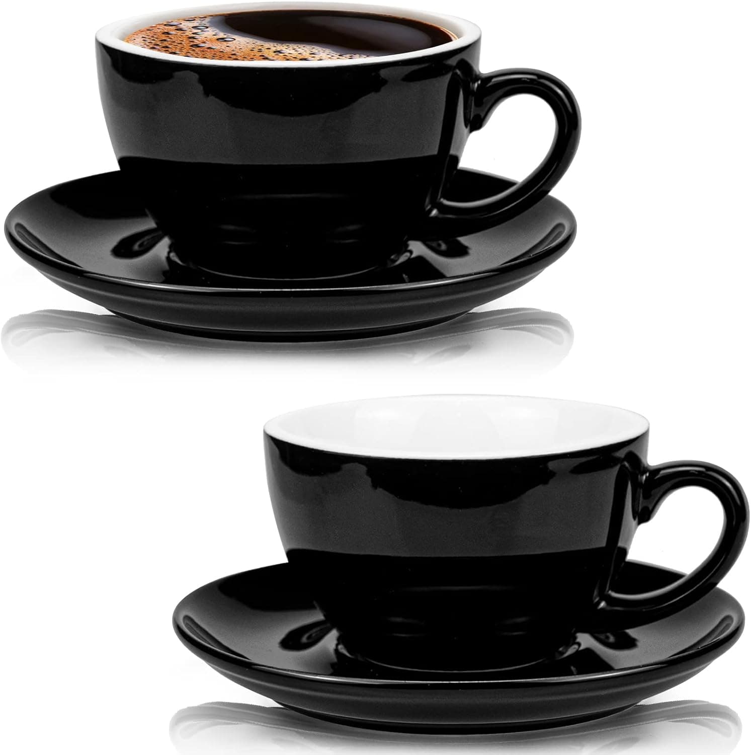 Yesland 2 Pack 8.5 oz Coffee Cup and Saucer, Ceramic Glossy Black Cappuccino Cups with Saucers