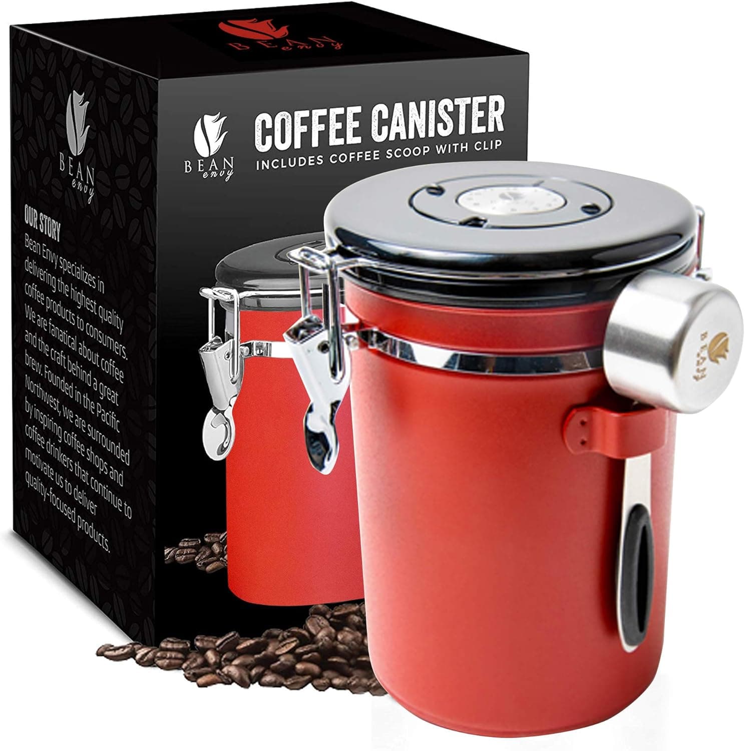Bean Envy Coffee Canister 22.5 oz with Scoop, Date Tracker & CO2-Release Valve