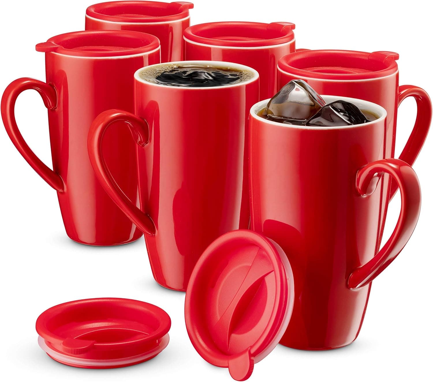 MITBAK 6-Pack Ceramic Coffee Mug Set with Lids (16-Ounce), Red