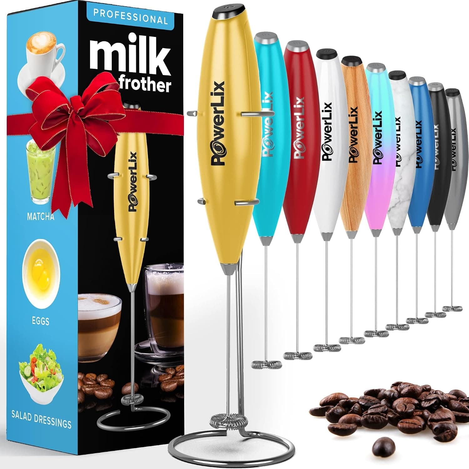 PowerLix Handheld Milk Frother with Stainless Steel Stand (Gold)