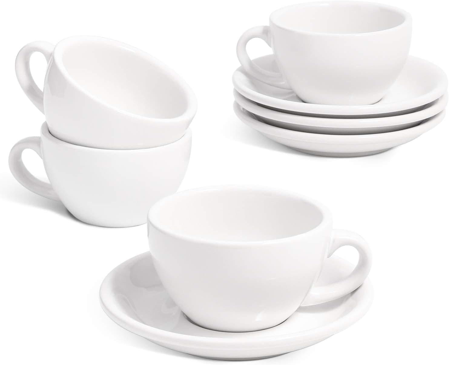 LE TAUCI 6 oz Cappuccino Cups with Saucers, Set of 4 Ceramic Coffee Cup and Saucer Set, White