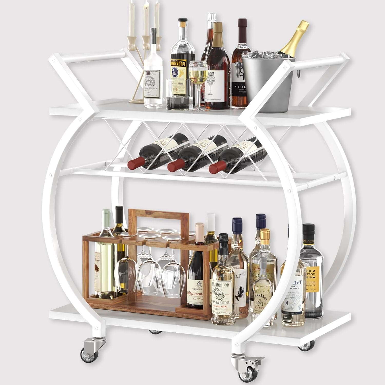 LVB Bar Cart with Wine Rack, 2 Tier Farmhouse Kitchen Cart on Wheels, Grey Oak