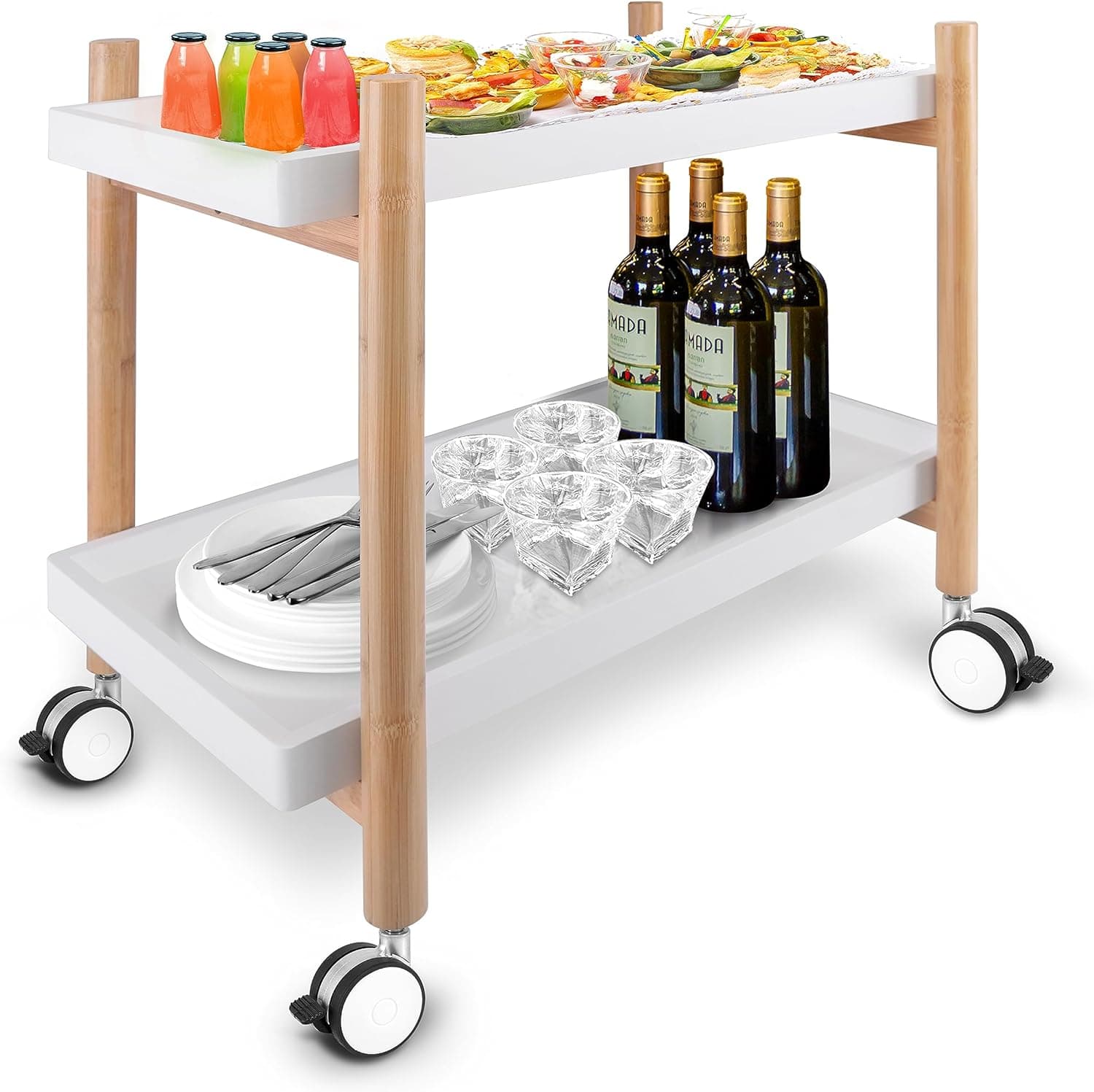 SereneLife Rolling Home Bar Serving Cart, 2-Tier Mobile Kitchen Trolley with Removable Trays and 4 Wheels