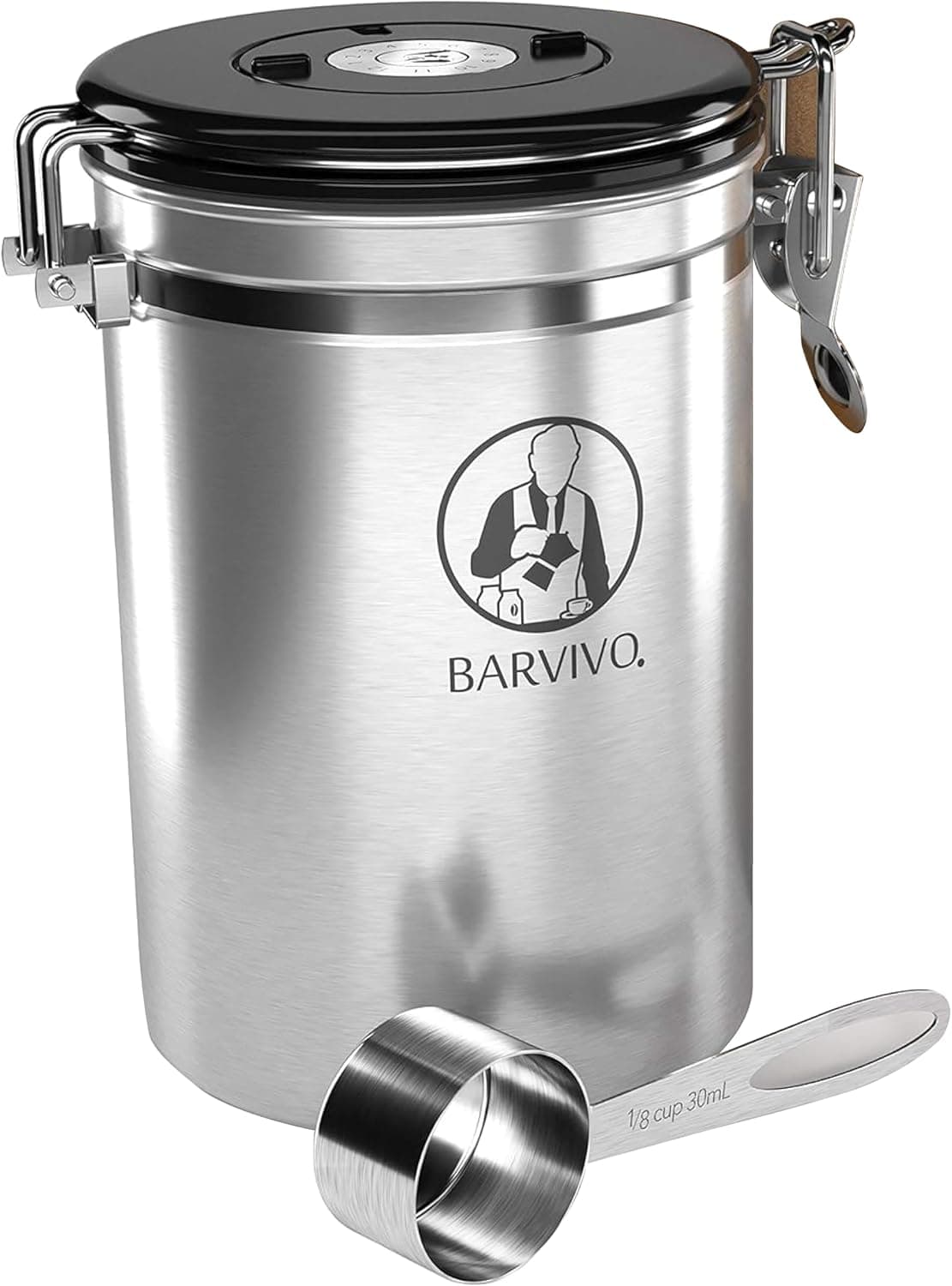 Barvivo Coffee Canister with CO2-Release Valve, Date Tracker & Scoop (Silver)