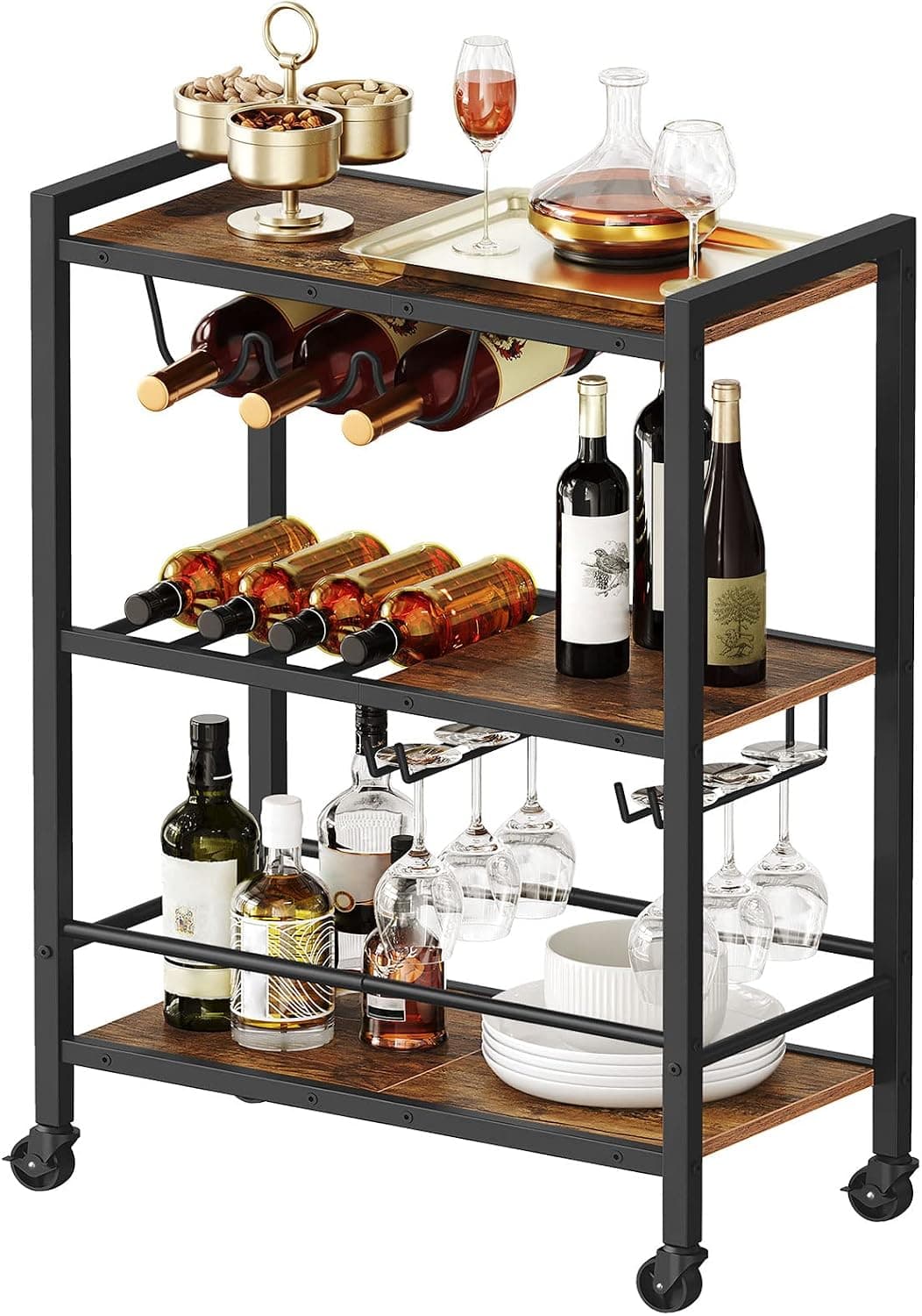 HOOBRO Bar Cart, 3-Tier Coffee Cart with Wheels, Wine Rack and Glass Holder