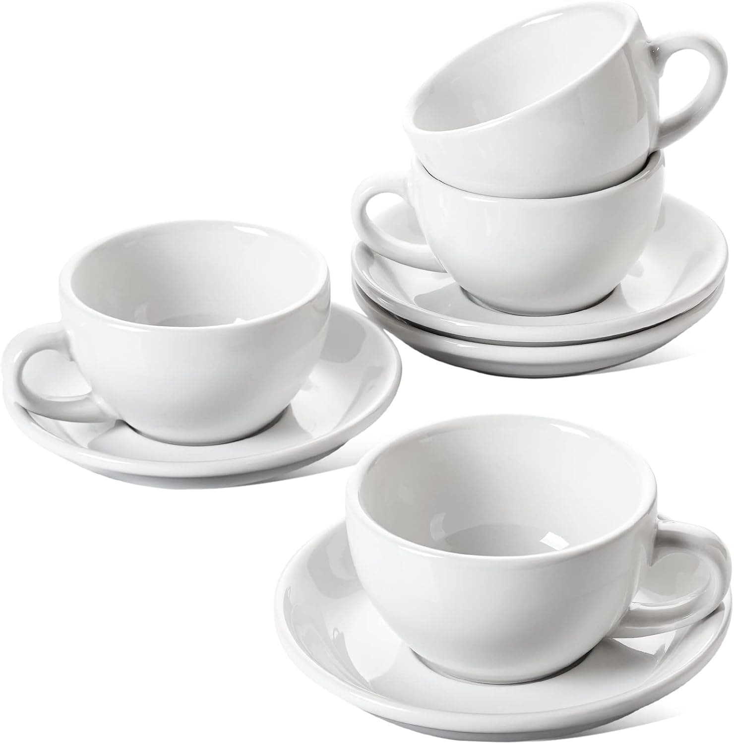 LE TAUCI 8 oz Cappuccino Cups with Saucers, Set of 4 Large Ceramic Coffee Cup Set, White