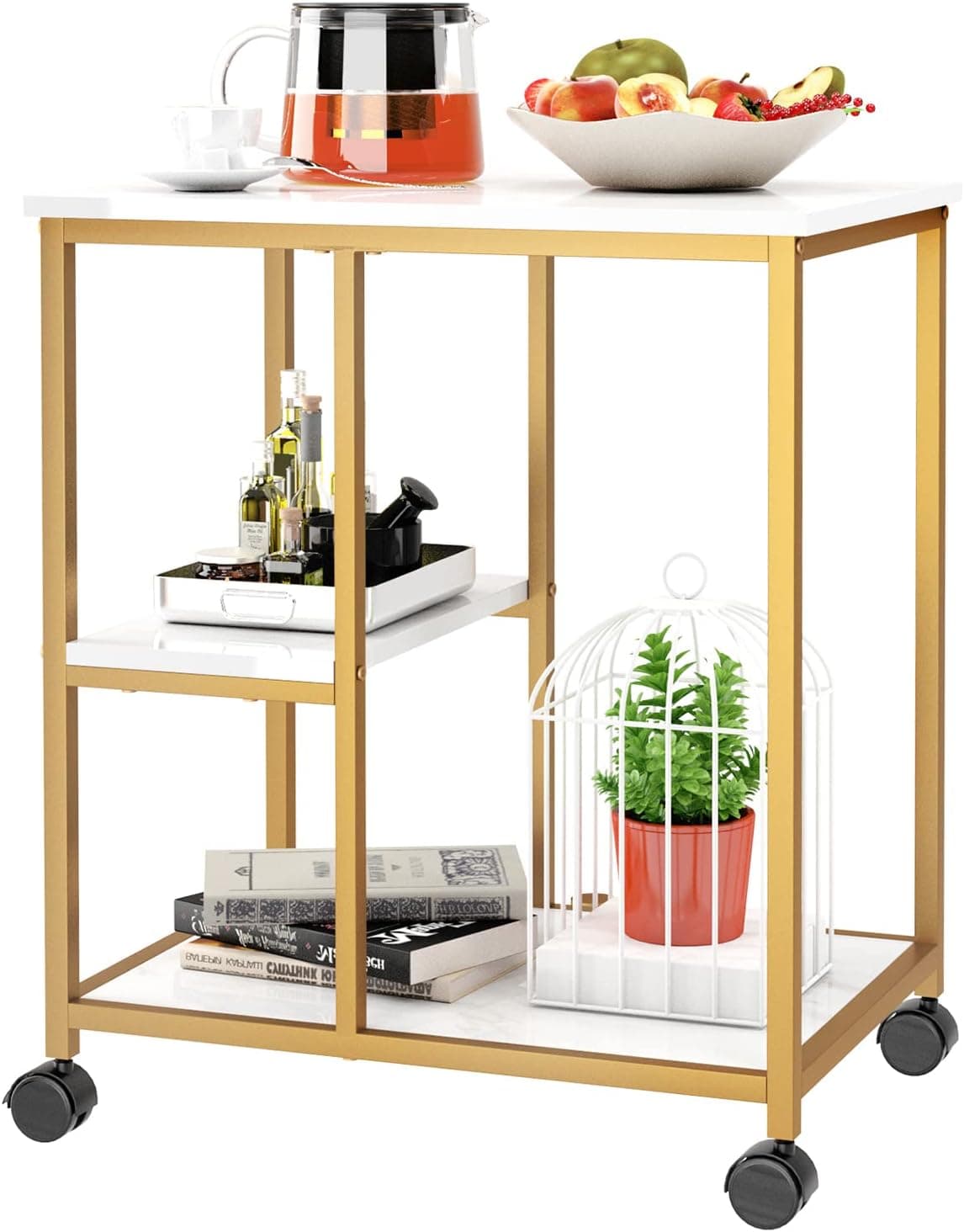 SogesHome Gold Bar Cart, Utility Bar Serving Cart Kitchen Island Rolling Cart on Wheels