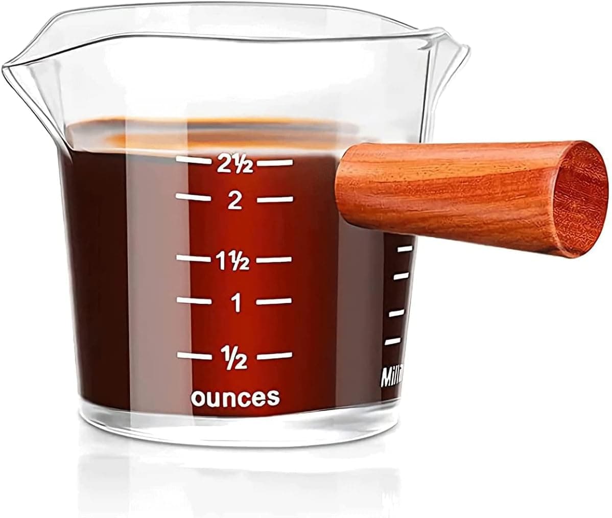 COFISUKI Espresso Shot Glasses 2.5OZ Double Spouts Measuring Cup Espresso Accessories with Wood Handle for Barista Coffee Espresso Making (1 Pack)
