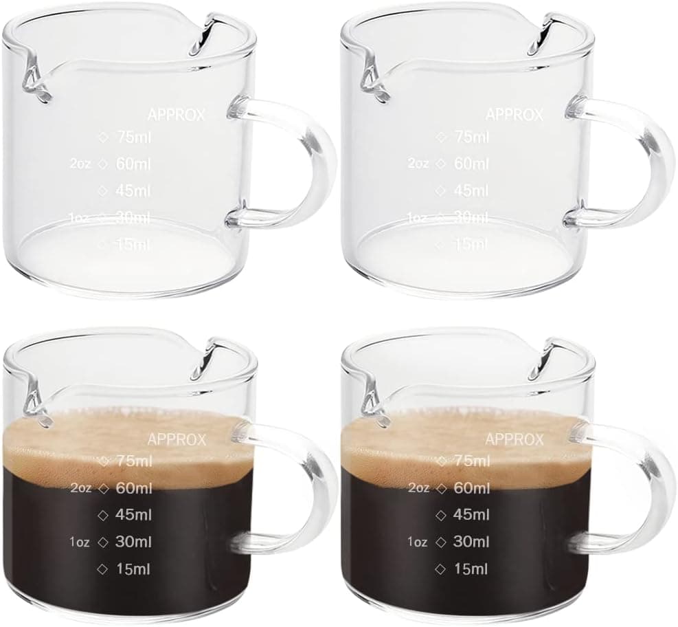 FHDUSRYO 4Pcs Double Spouts Glass Measuring Cups, 2.5 Oz Espresso Shot Glass with Handle and Dual Scale, Mini Milk Cup Triple Pitcher (75ml)