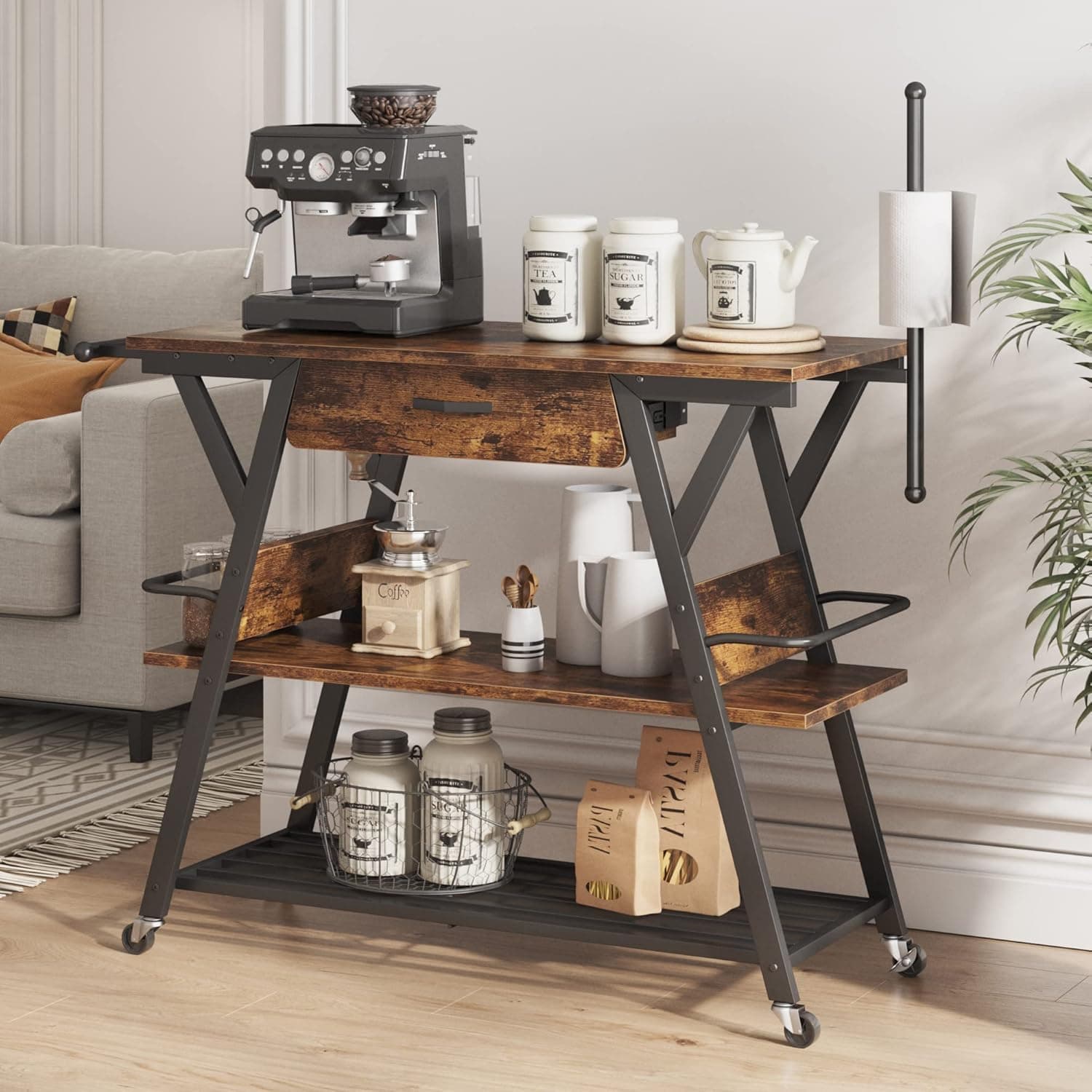Bestier Coffee Cart Station, 48" W Coffee Bar Cart with Storage Drawer, Mobile Kitchen Island