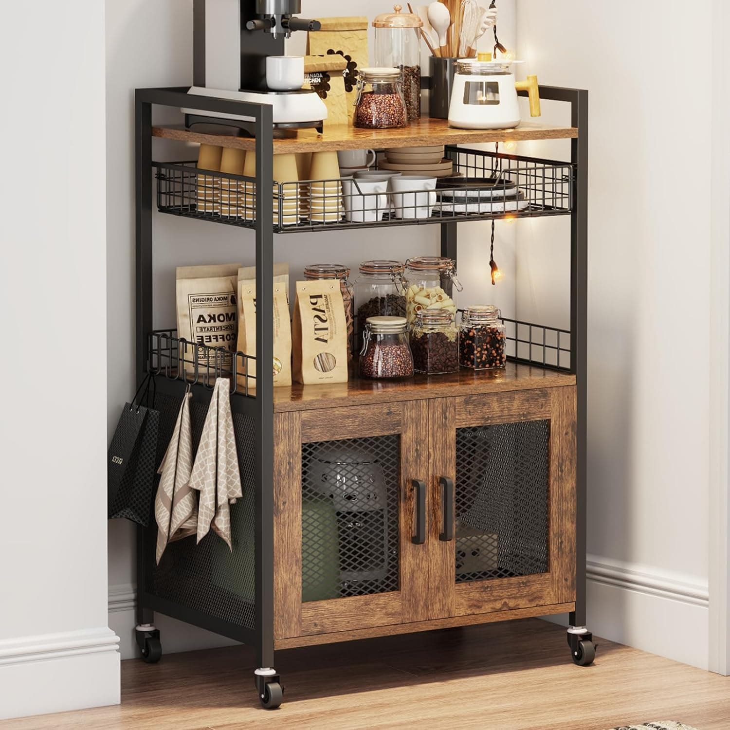 Hencawima Coffee Bar Cabinet, 3 Tier Coffee Station Table on Wheels with Wire Basket Drawer & 5 Hooks