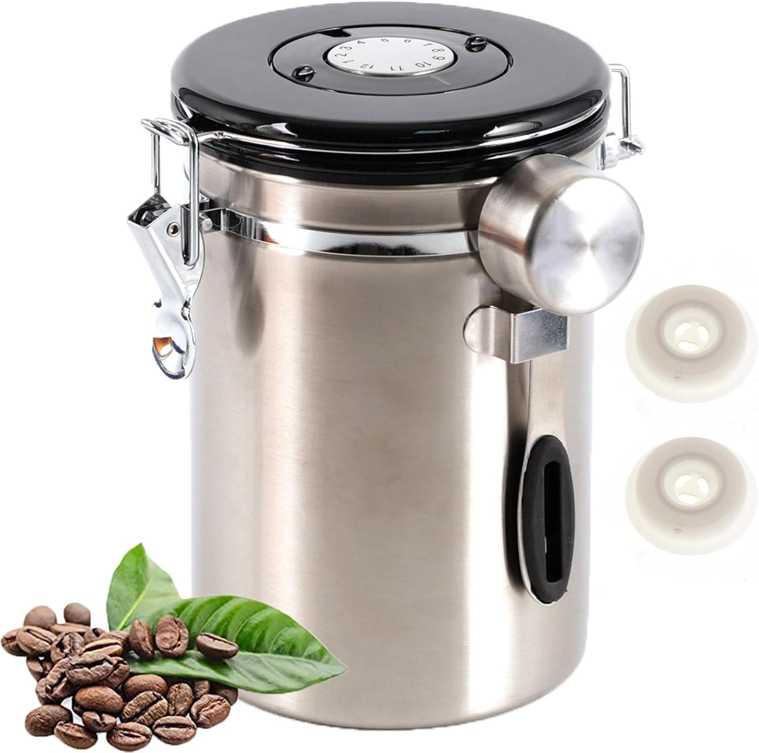 SUEIANN 1.8L Coffee Canister Airtight 26oz Stainless Steel with Scoop and Valves