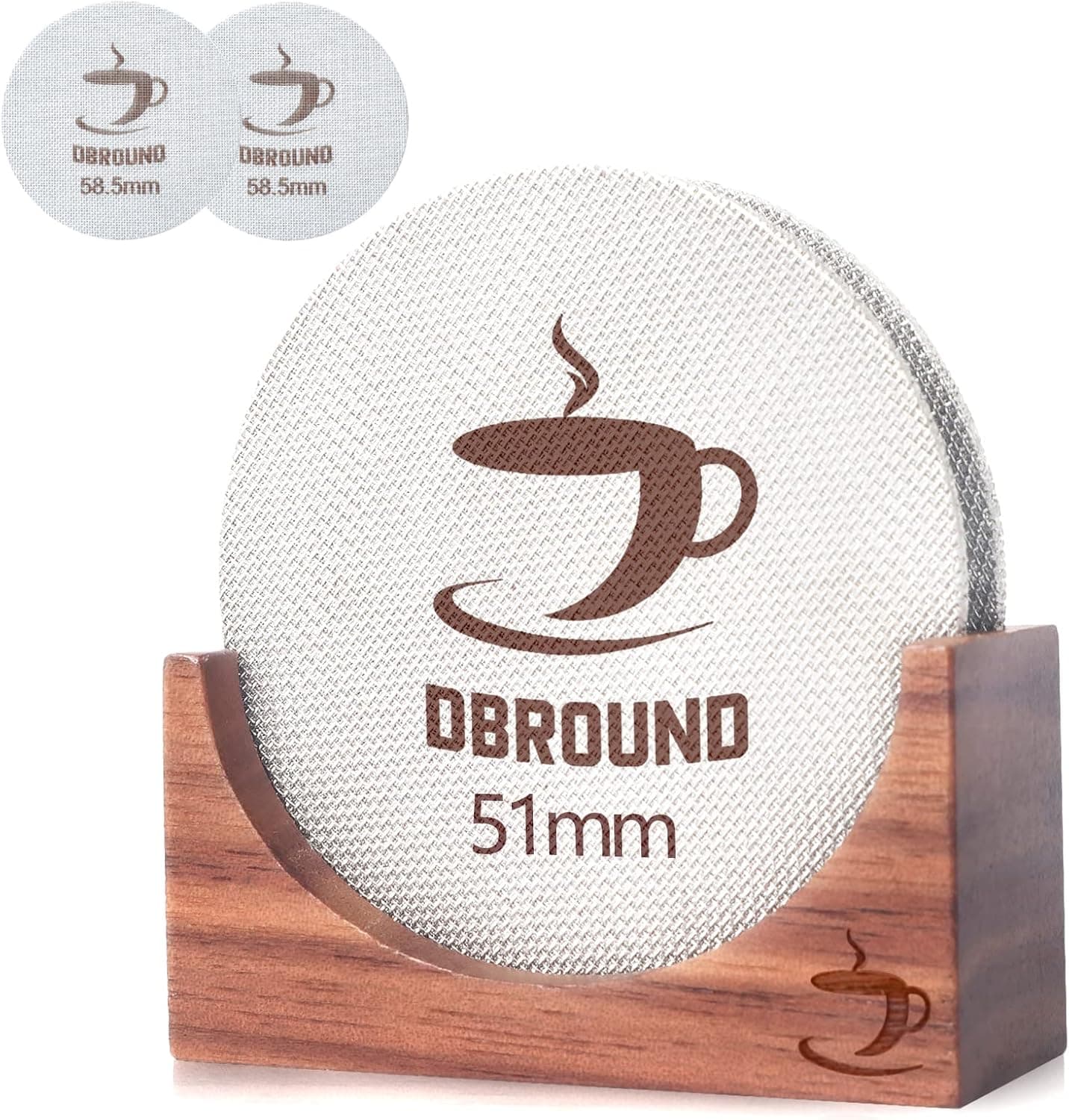 DBROUND Puck Screen 51mm - 2 Packs Reusable Espresso Puck Screen with Wooden Stand, 316 Stainless Steel