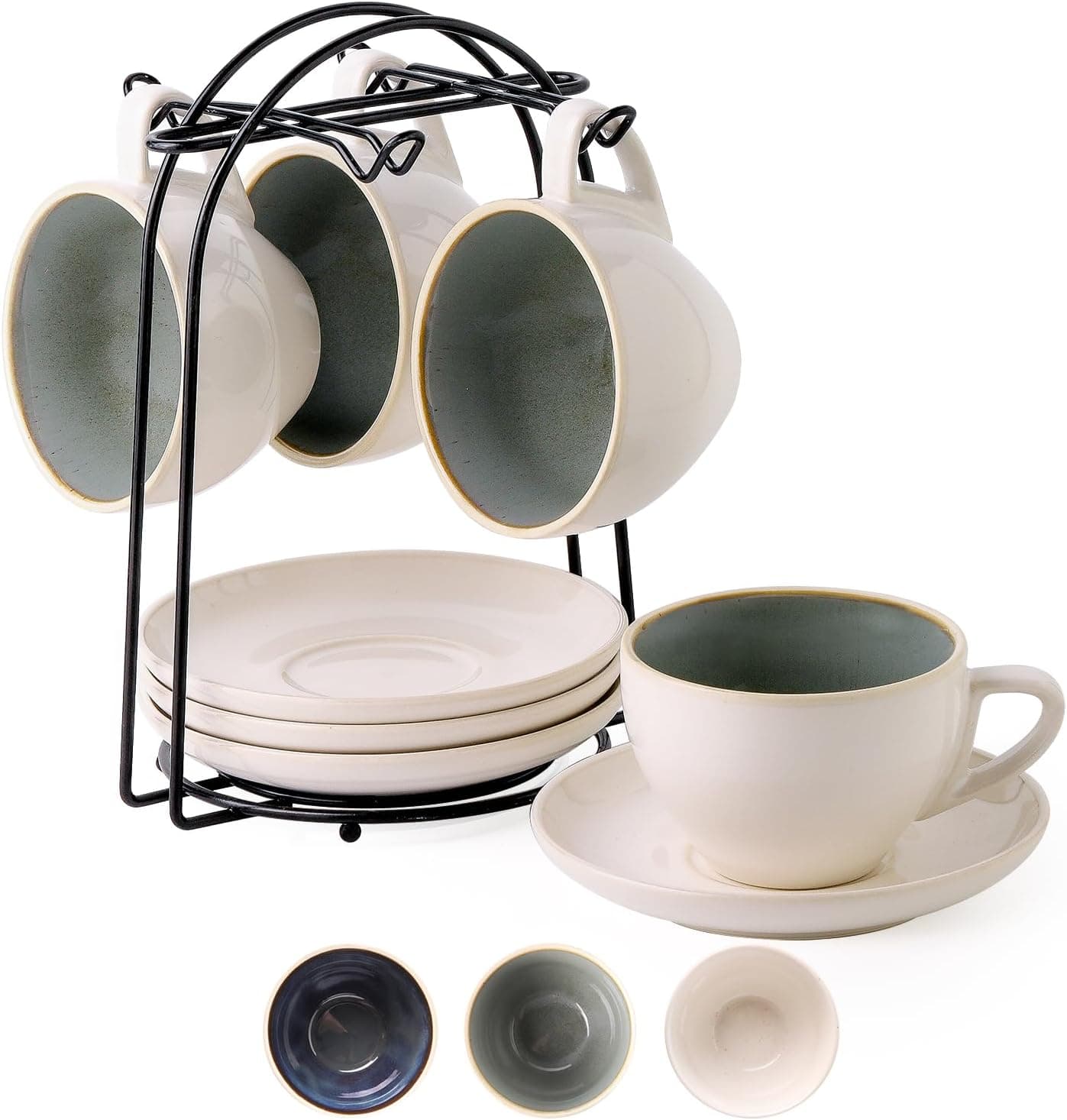 SIDUCAL Stackable Cappuccino Cup Set of 4 8oz Ceramic Coffee Cups with Saucers and Holder, Green