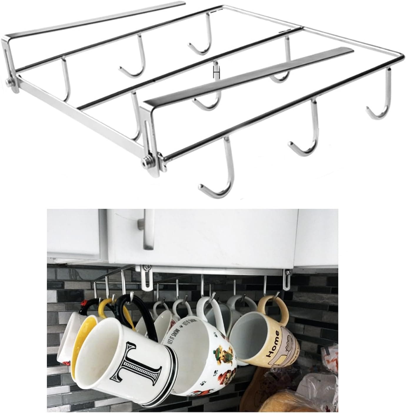 Mug Holder Under Cabinet, 9 Hooks Cup Organizer Hanging Coffee Mug Rack, Drilling Free