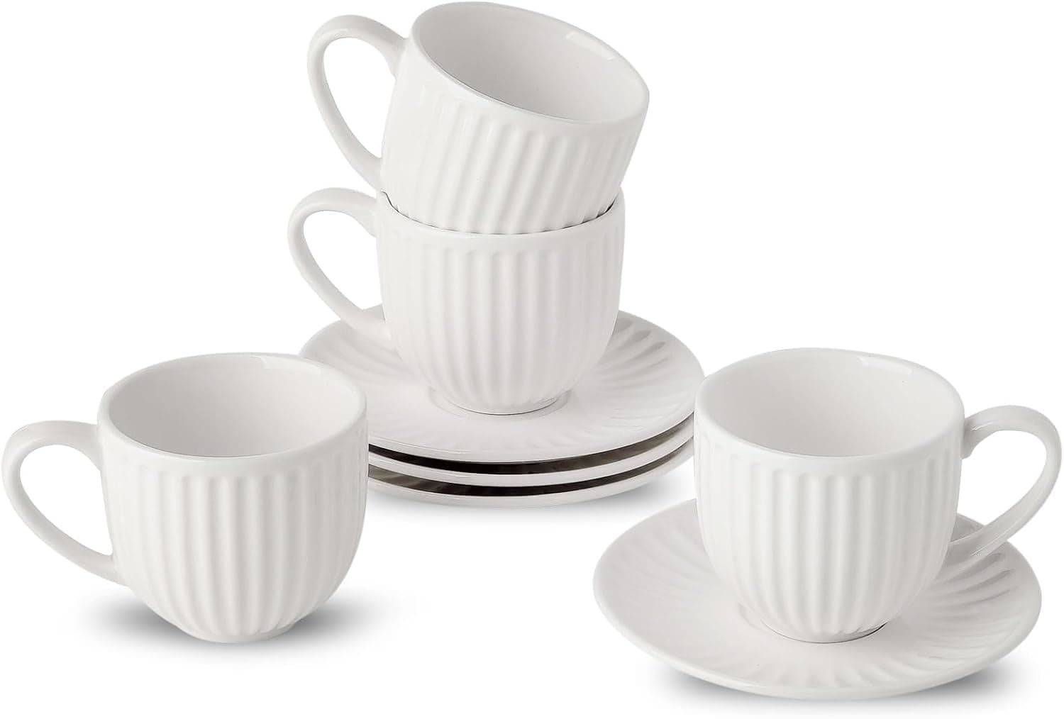 Hasense Ceramic Cappuccino Cups and Saucers 8 Oz, Large Ribbed Latte Cups Set of 4, White