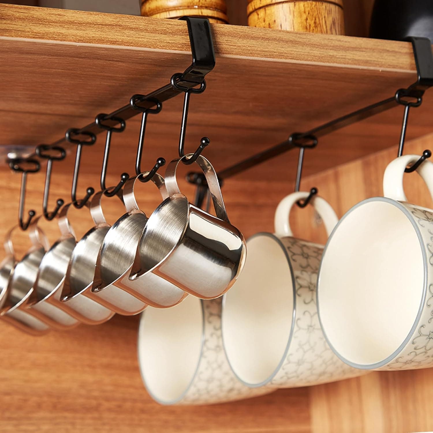 XILAOTOU Mug Rack Under Cabinet, Coffee Cup Holder, 6 Adjustable Hooks, Black 2 Sets