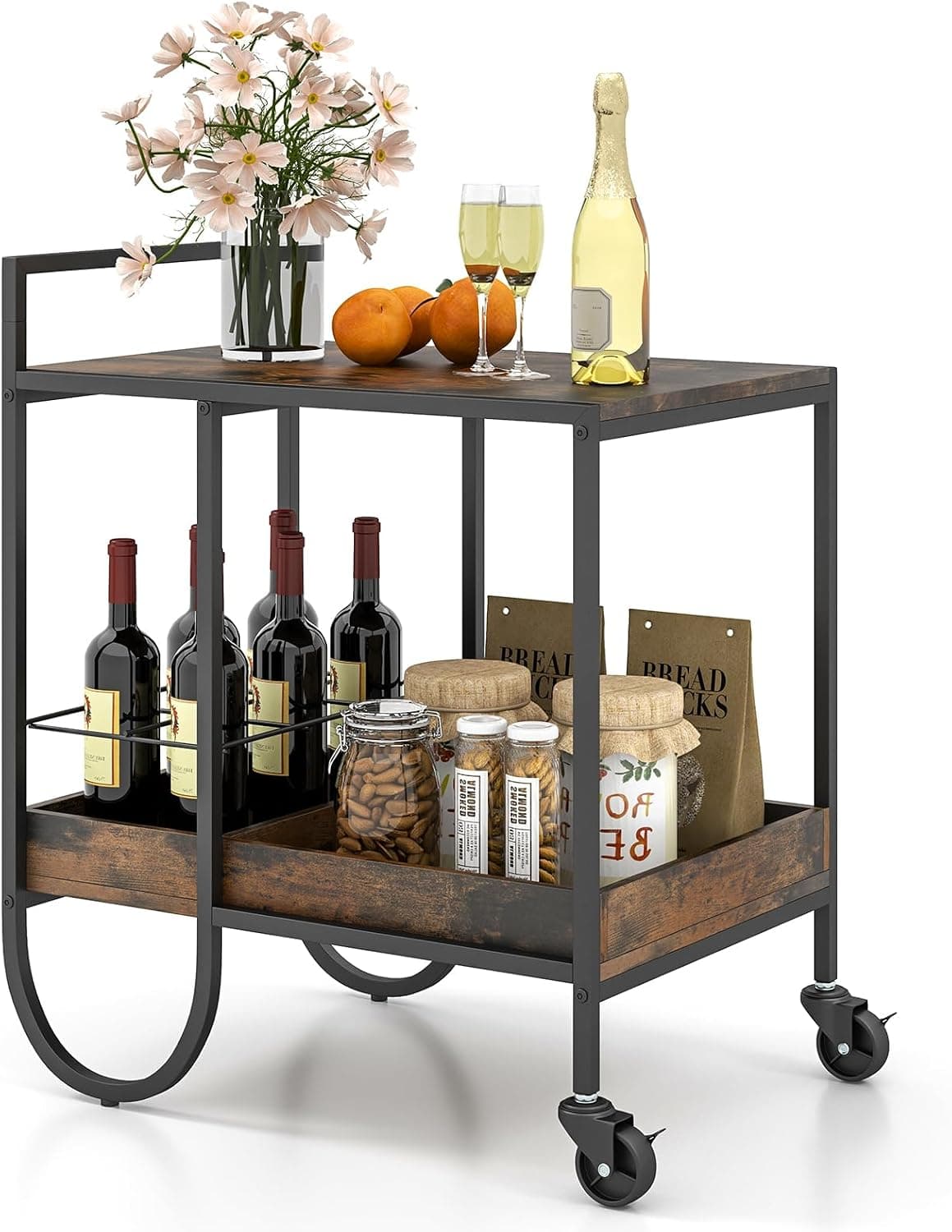 Giantex Bar Cart, 2-Tier Home Coffee Bar Serving Cart with Wine Rack and Lockable Wheels