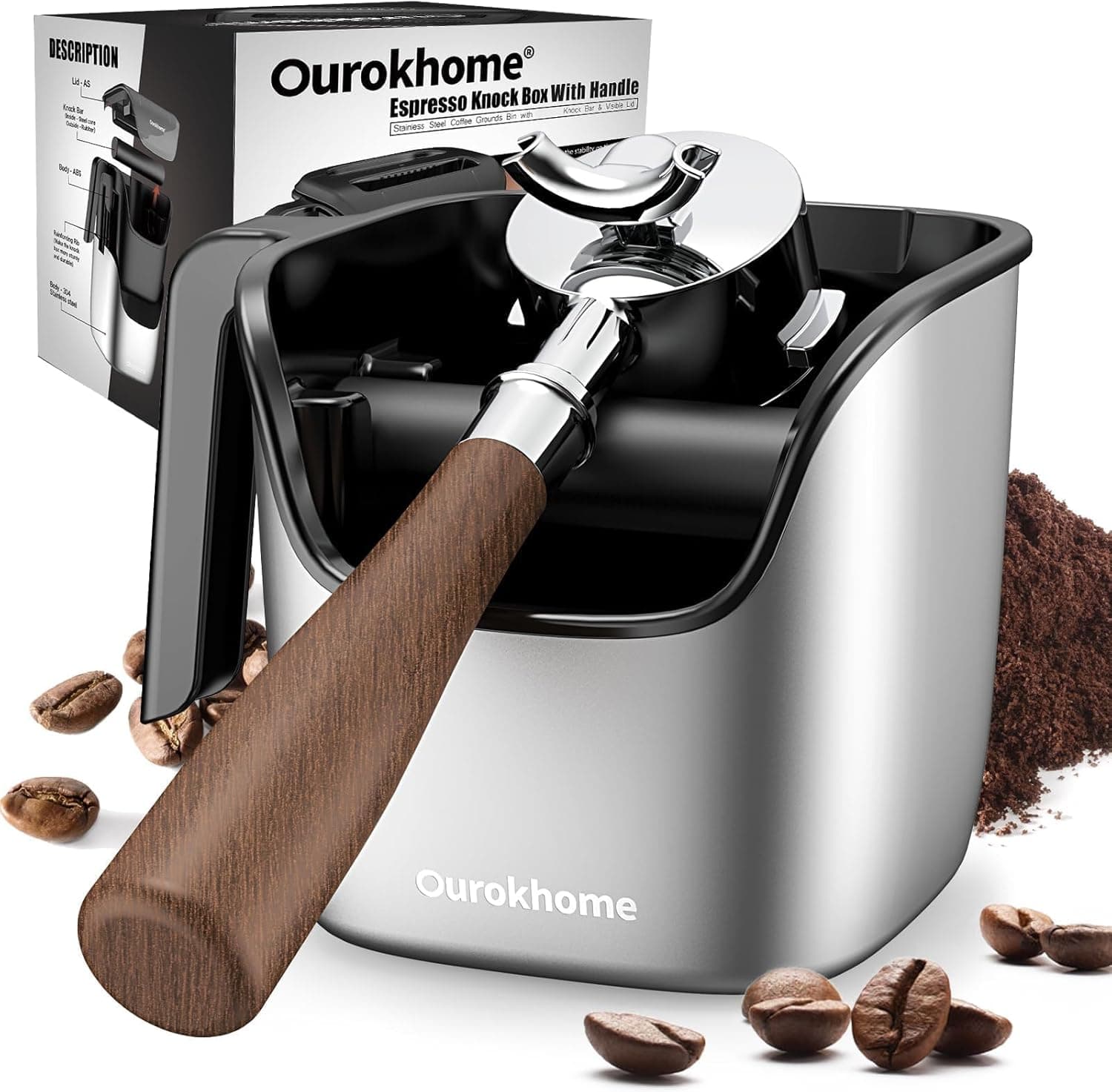 Ourokhome Espresso Knock Box with Lid, 304 Stainless Steel