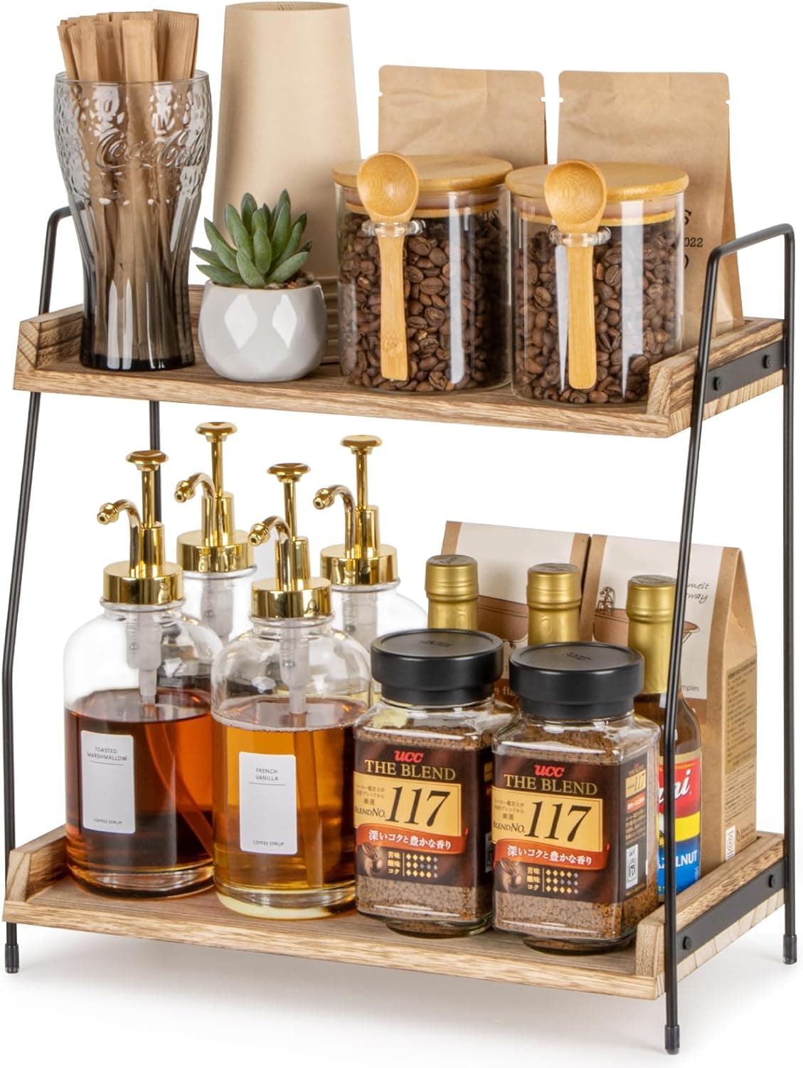 ANBOXIT Countertop Coffee Station Organizer, 2 Tier Wooden Shelf for Coffee Bar Accessories