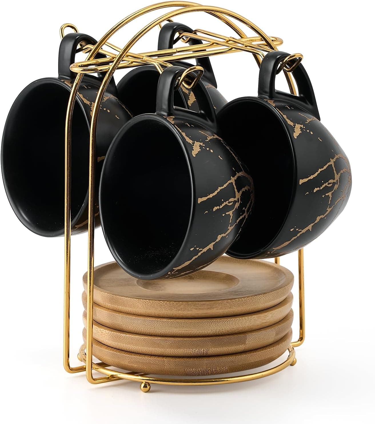 LUKA Ceramic Demitasse Espresso Cups Set with Saucers and Metal Stand, Set of 4