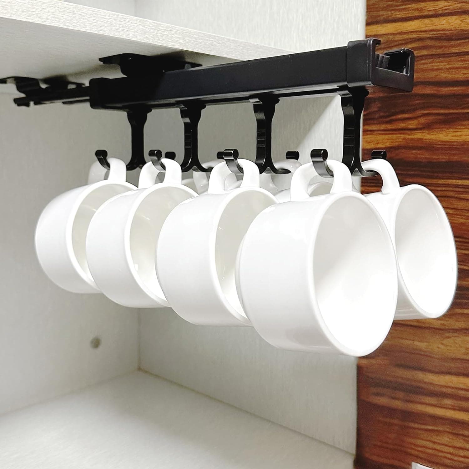 XRMAO Mug Holder Under Cabinet, Pull Out Coffee Mug Holder with 8 Hooks, Black