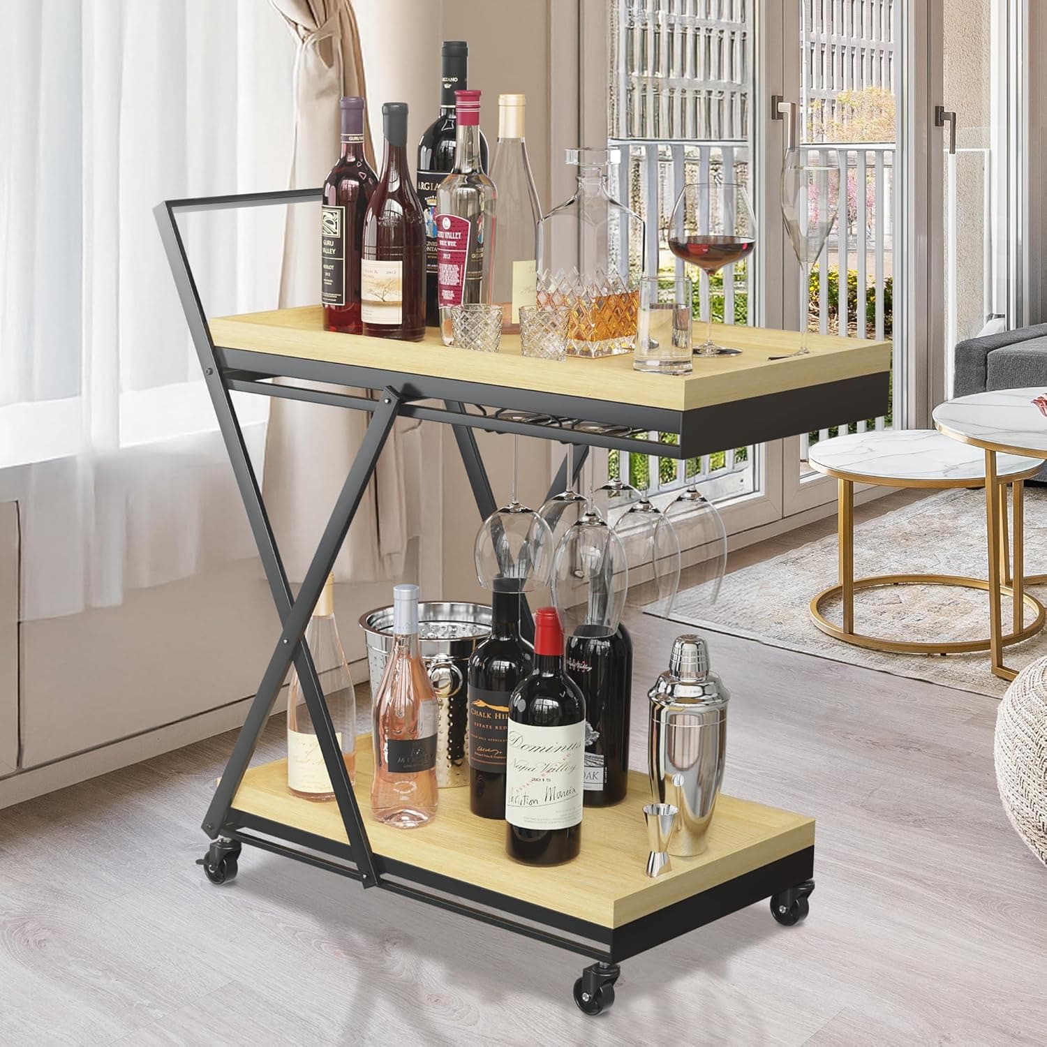 BARNDOOR HOMES Bar Cart for the Home with Wheels, Rolling Kitchen Coffee Service with Wooden Trays