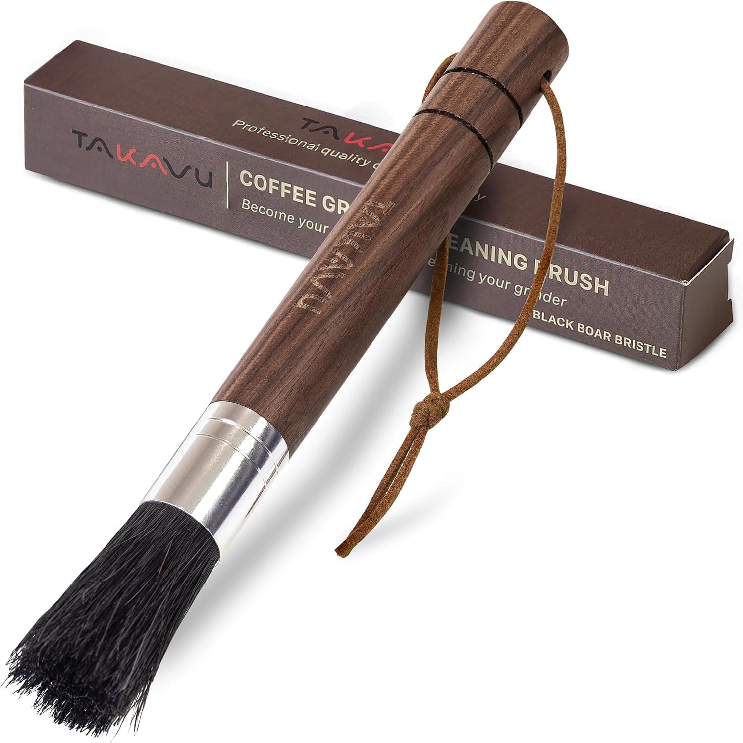 TAKAVU Coffee Grinder Brush, Natural Boar Bristle, Espresso Barista Cleaner for Group Heads, Shower Screens, Portafilters