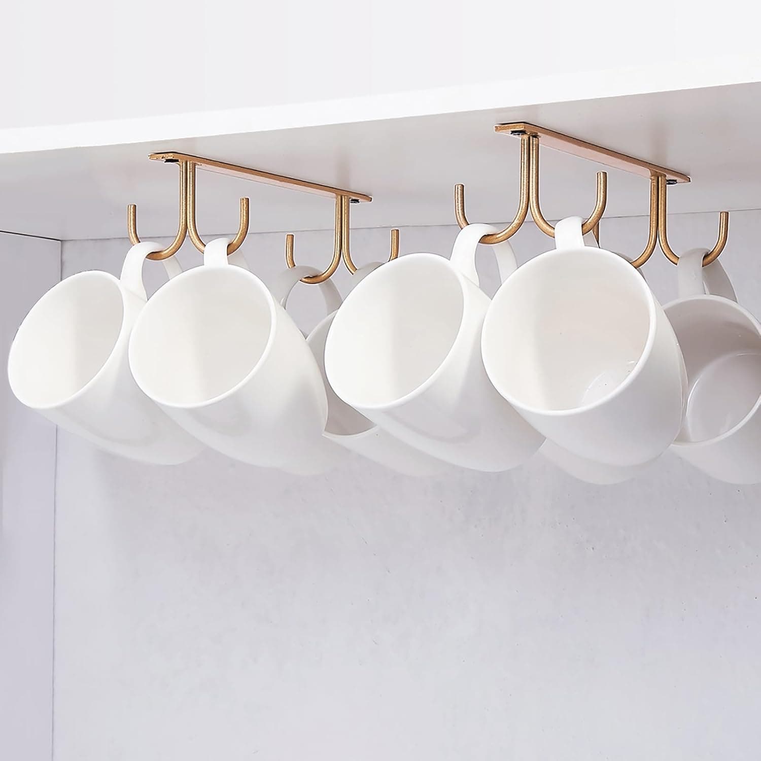 FOMANSH Mug Rack Under Cabinet, Coffee Cup Holder, 8 Mugs Hooks Under Shelf, Gold