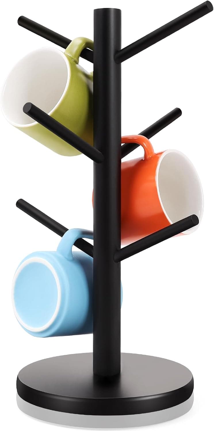 Fertoriy Mug Holder Tree, Thicker Base Wood Coffee Mug Hanger with 6 Hooks