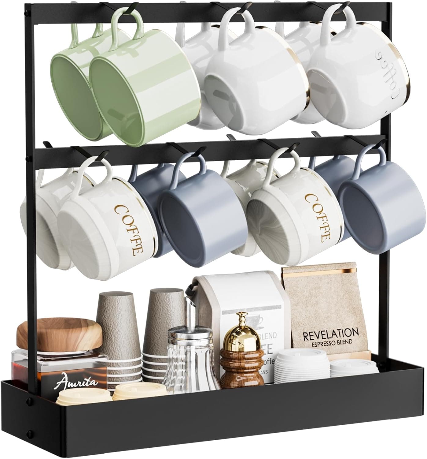 Concons Coffee Mug Holder with Hooks, 14 Capacity 2-Tier Mug Tree with Storage Base
