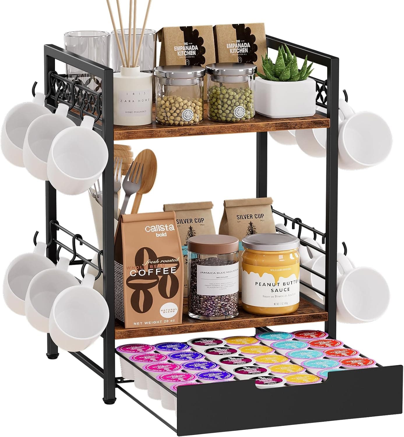 Plaviya Coffee Bar Organizer Countertop, 2 Tier Mug Holder with 12 Hooks & 30 K Cup Pod Drawer