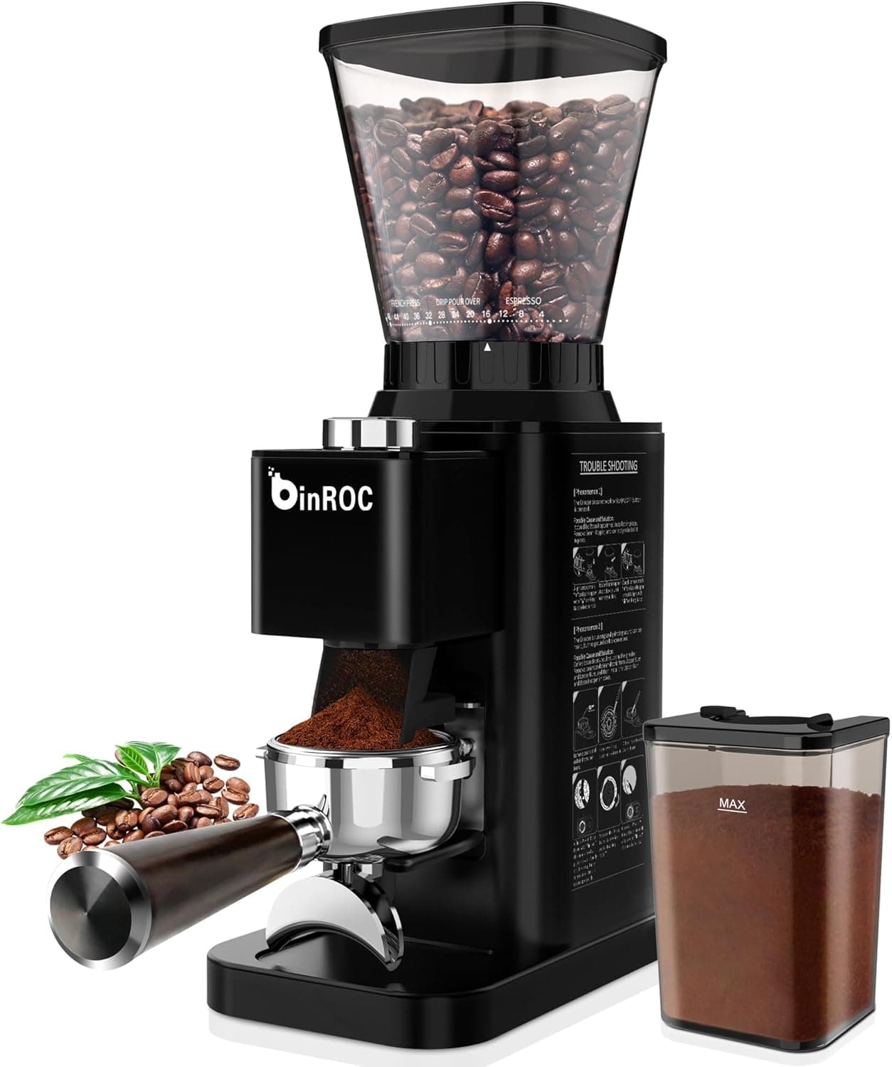 Electric Conical Burr Grinder, 48 Settings, Portafilter Holder