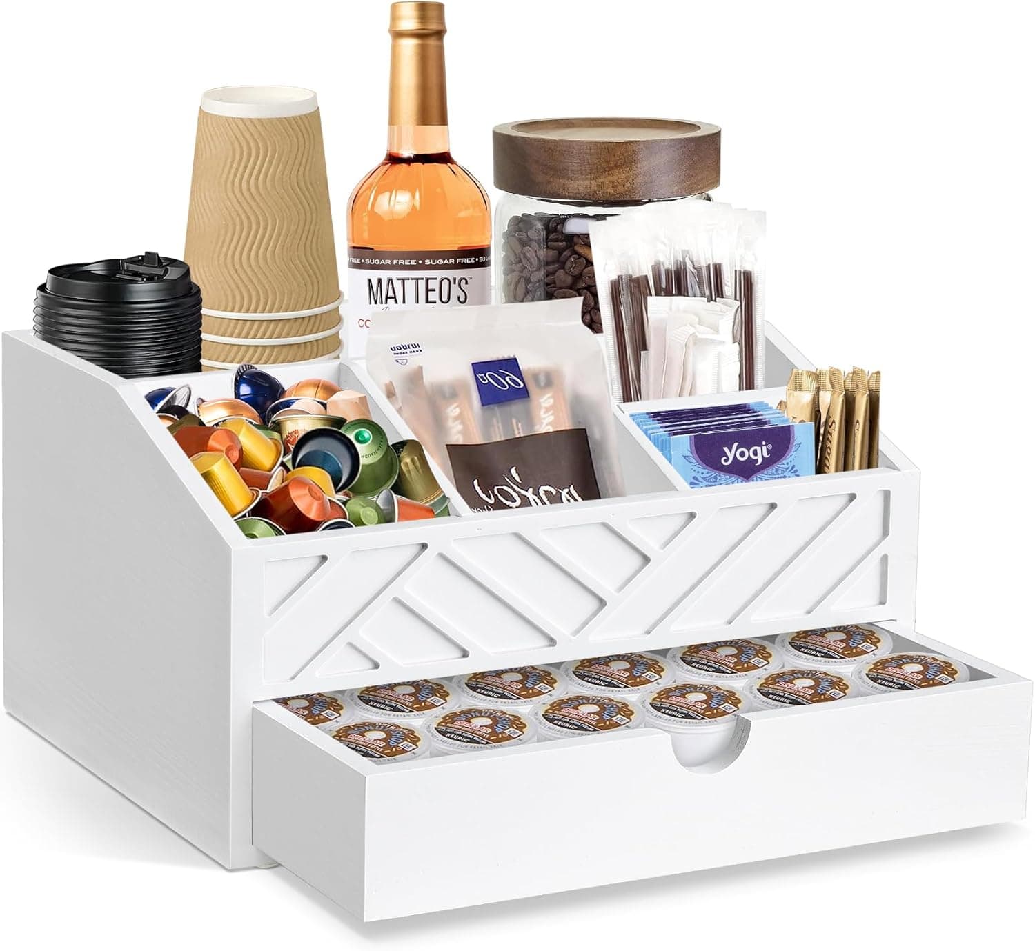 Coffee Bar Organizer with Drawer, Wood Coffee Station Organizer, Farmhouse Cup Pod Holder, White