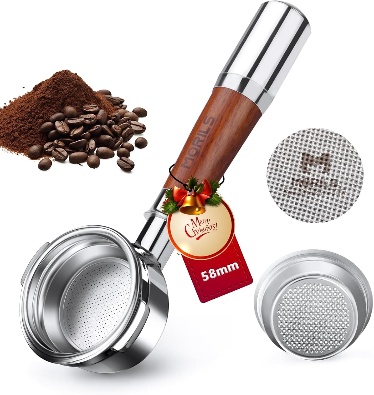 MORILS 58mm Bottomless Portafilter with Double Shot Basket & Walnut Handle (Breville)