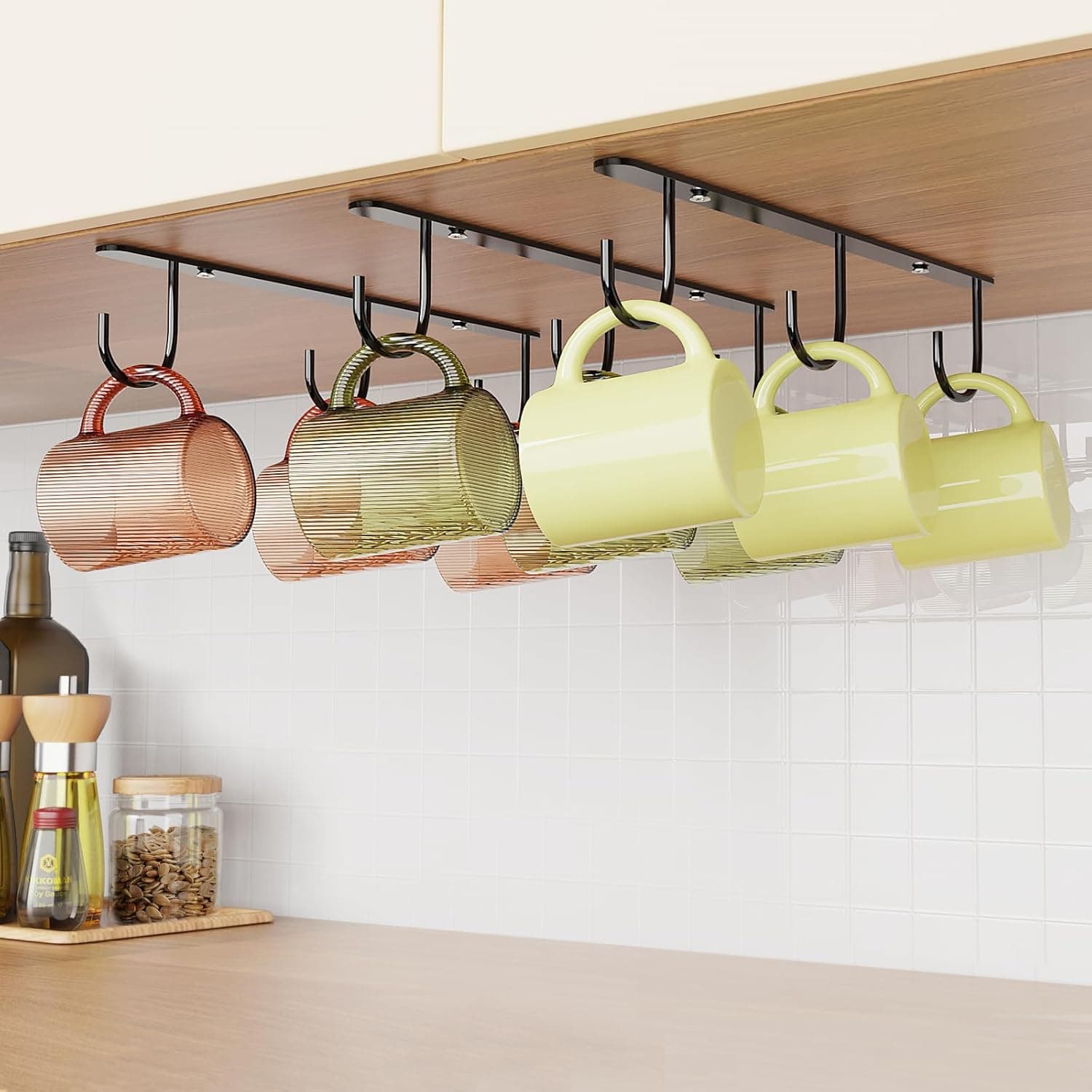 Luckinow 3 Pack Mug Hooks Under Cabinet, Cup Hanger with 9 Hooks, Black