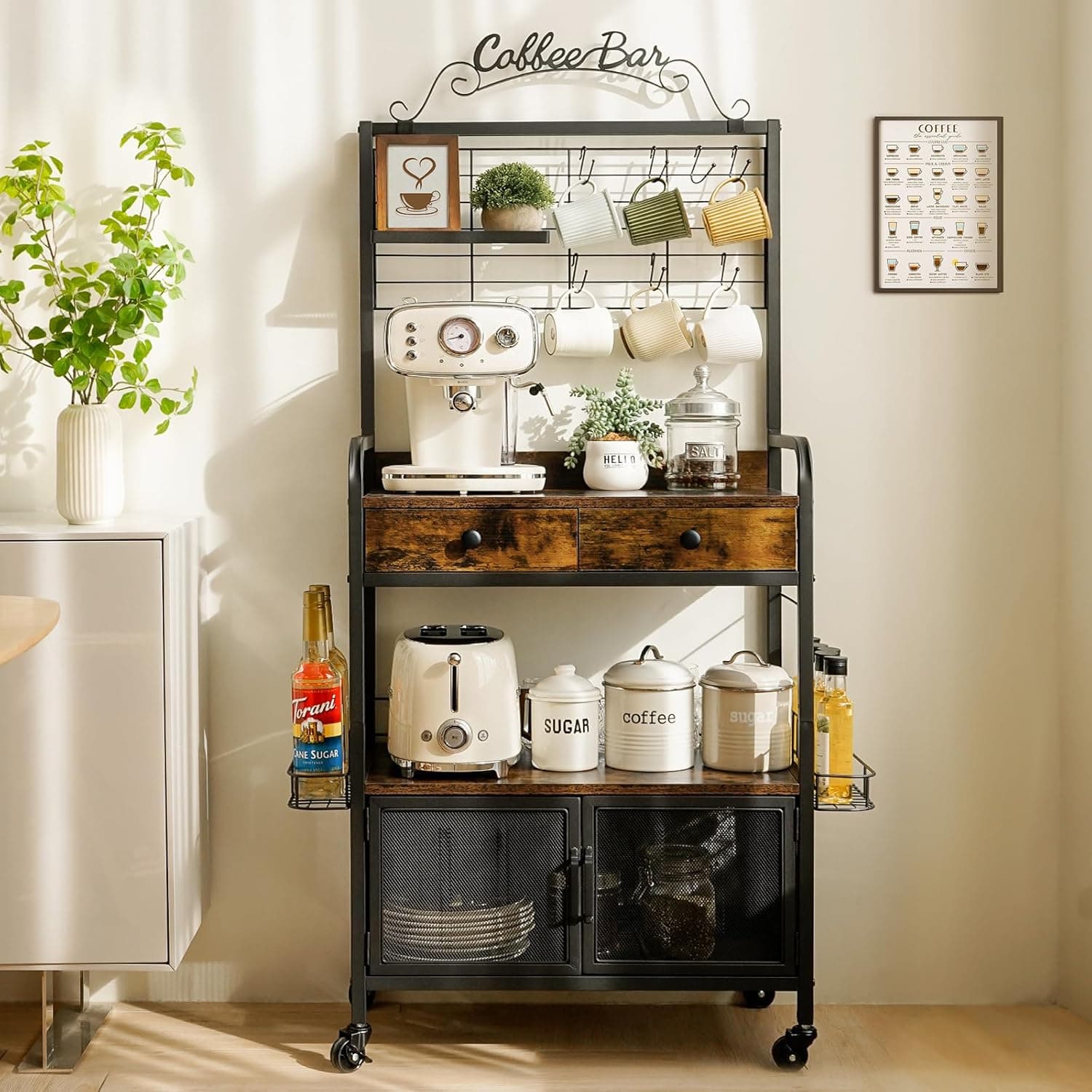 Filano Rolling Coffee Bar Cart for Small Spaces, Coffee Station Cabinet with Storage