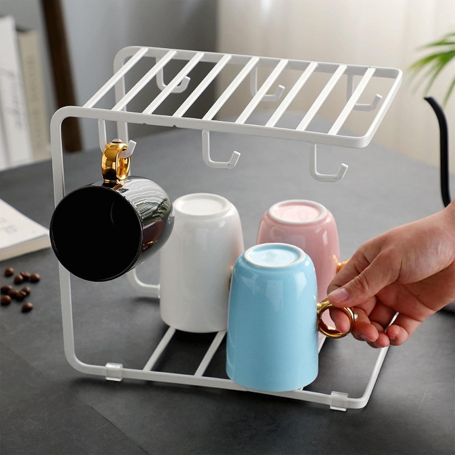 Coffee Cup Hanging Rack Counter Mug Holders with Hooks, Non-Slip Countertop Organizer