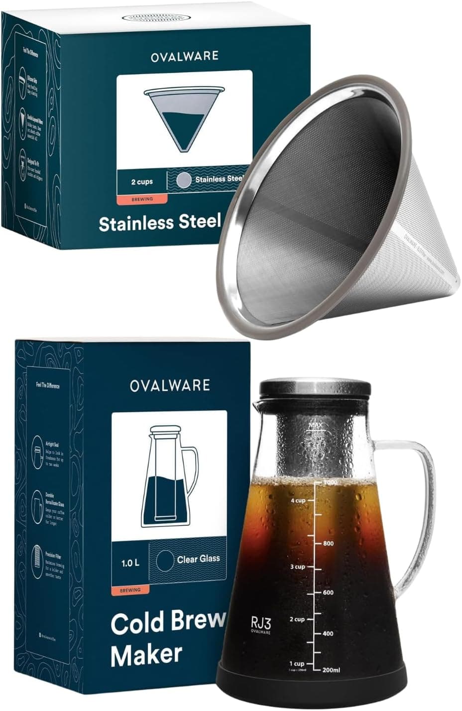 OVALWARE Stainless Steel Filter Airtight Cold Brew Maker, 1L/34oz