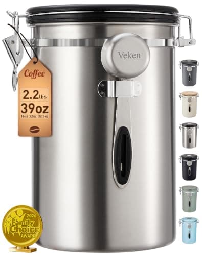 Veken Coffee Canister,39OZ, 2.2lbs,Large Airtight Stainless Steel Container