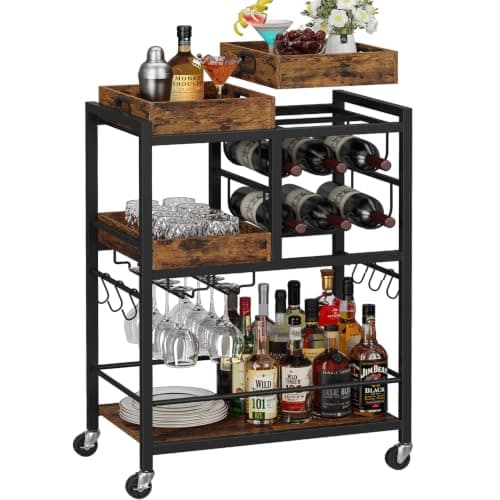 TUTOTAK Bar Cart with Wheels, Drink Cart with Wine Rack and Glass Holder
